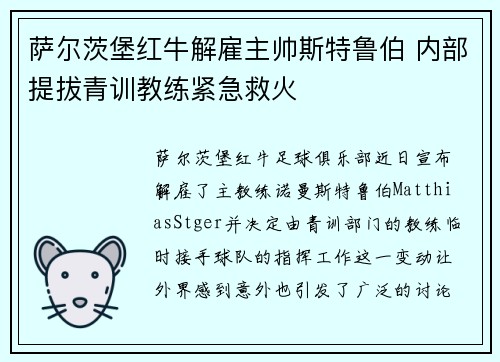 萨尔茨堡红牛解雇主帅斯特鲁伯 内部提拔青训教练紧急救火 萨尔茨堡红牛解雇主帅斯特鲁伯 内部提拔青训教练紧急救火