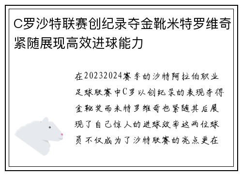 C罗沙特联赛创纪录夺金靴米特罗维奇紧随展现高效进球能力 C罗沙特联赛创纪录夺金靴米特罗维奇紧随展现高效进球能力