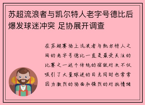 苏超流浪者与凯尔特人老字号德比后爆发球迷冲突 足协展开调查 苏超流浪者与凯尔特人老字号德比后爆发球迷冲突 足协展开调查